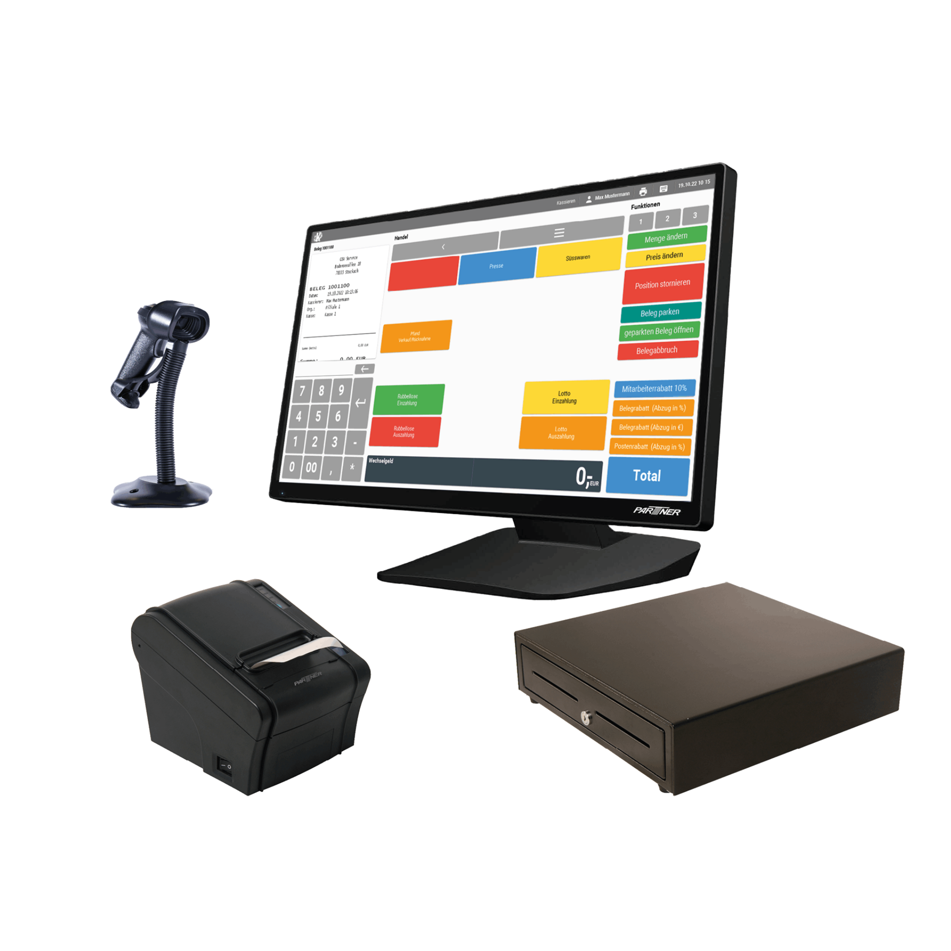 Abbildung von einem - Kassensystem für den Einzelhandel - Hardware, Bondrucker, Scanner, Kassenlade